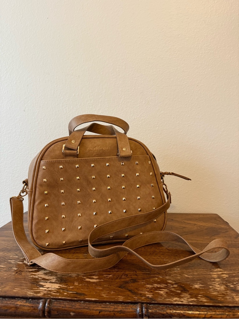 Chestnut Brown Studded Women's Satchel with Adjustable Crossbody Strap
